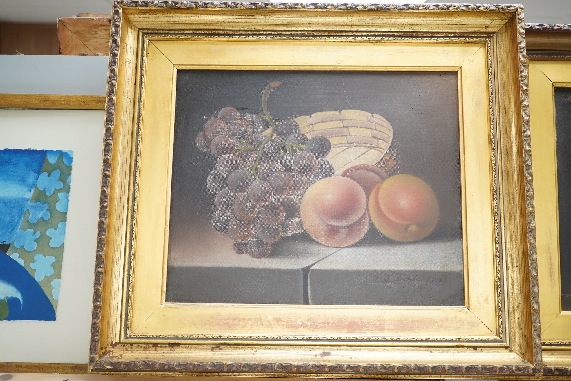 H J Sabela (act. 1905–1907), pair of oils on canvas, Still lifes of fruit, each signed and dated 1902, 25 x 29cm, gilt framed. Condition - poor